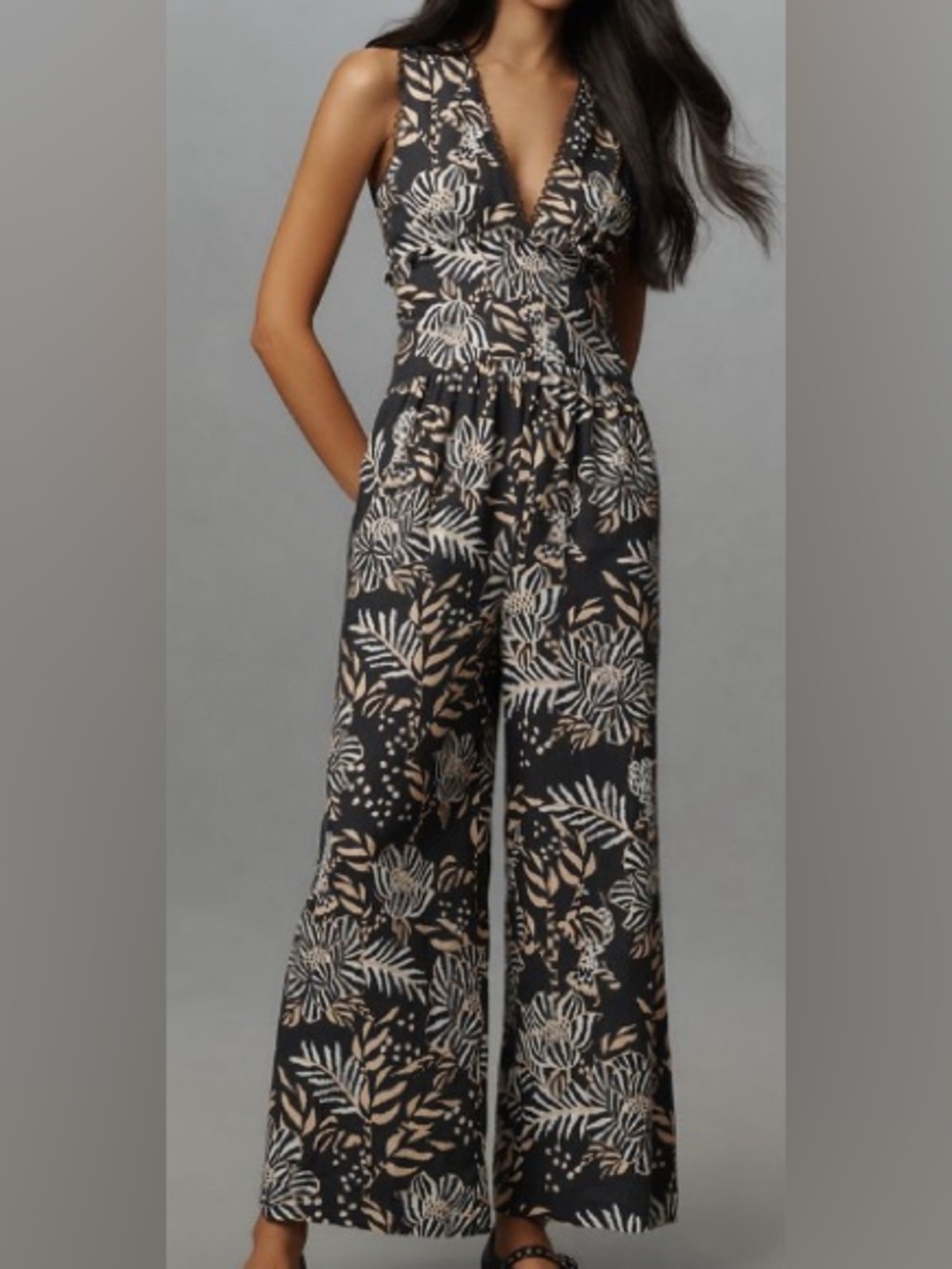 Farm Rio X Anthropologie Deep V-Neck Sleeveless Jumpsuit -Black/Beige Floral: S
